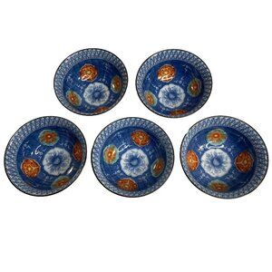 Set of 5 Japanese Arita Juzan Gama Porcelain Blue Floral Rice Cereal Bowls 5"